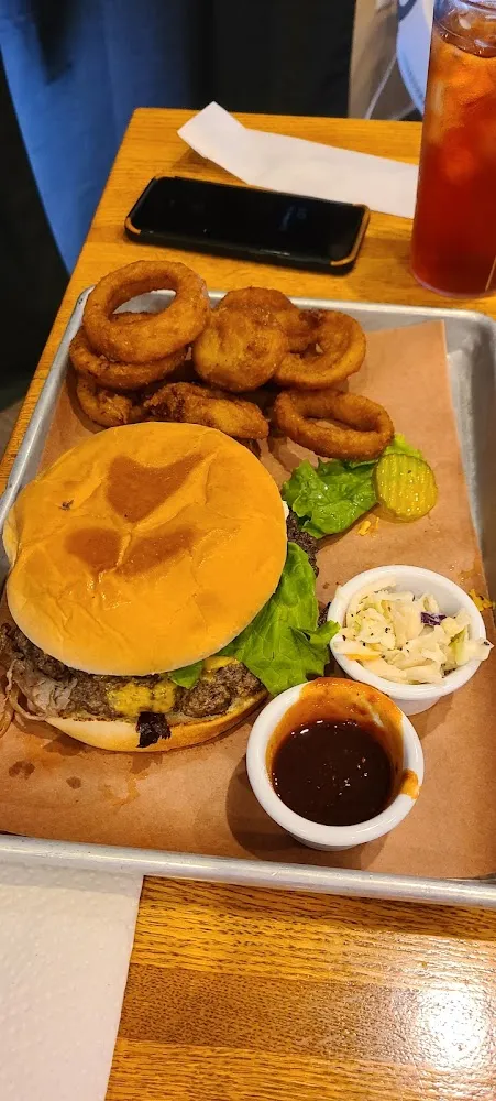 Little Roadie Burger and Onion Rings