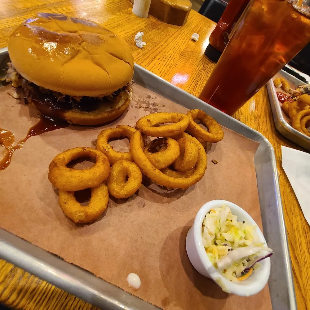 Pulled Pork Sandwich and Onion Rings